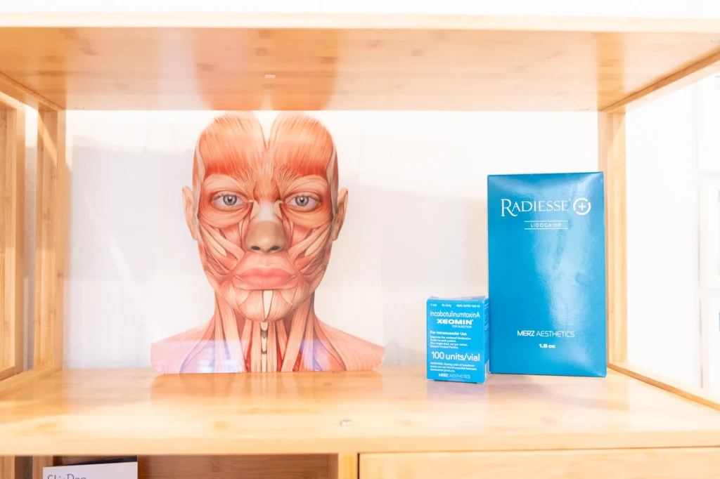 Facial anatomy chart and injectable product boxes used in training